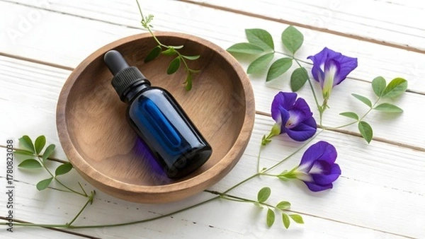 Obraz Natural blue butterfly pea flower extract in a dropper bottle with fresh flowers