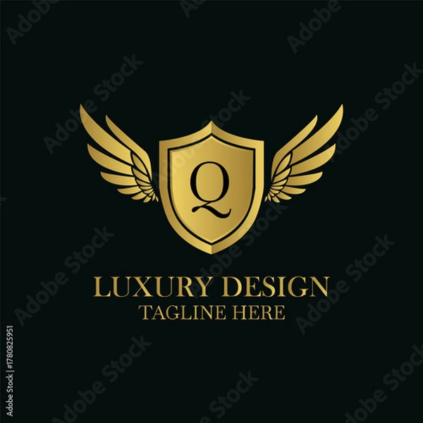 Obraz Elegant golden logo design featuring letter q, shield, and wings for luxury brand identity and heraldry