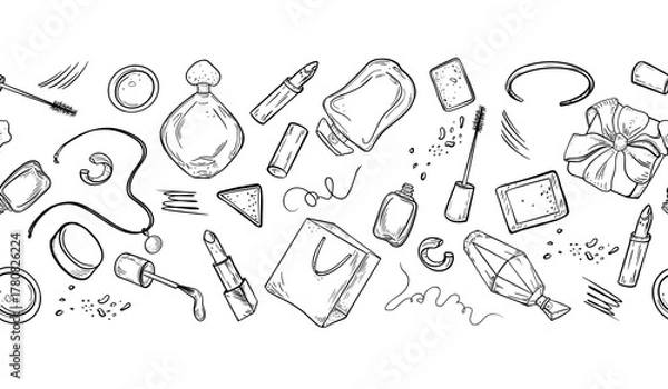 Fototapeta Seamless vector border of perfume flacons, makeup items and scribbles. Hand drawn black white design for fashion magazines, gift wrap and beauty blog graphics. Monochrome girls items repeat pattern.
