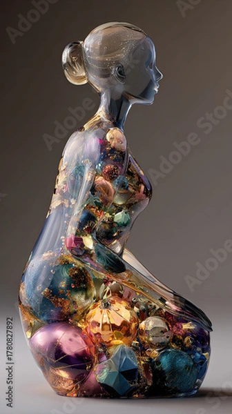 Fototapeta A woman statue of transparent epoxy resin, embedded with beautiful christmas ornaments inside