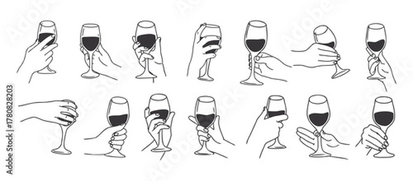 Fototapeta Hands holding glasses. Hand with glass. Hand drawn arms with various drinks in different positions. Handhold cocktail, wine, champagne. Outline celebrating vector set