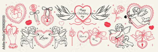 Fototapeta Vintage love elements. Retro Valentines day elements. Sketch elegant coquette heart, angel, cupid, flower, bird, cherry. Doodle wedding vector set