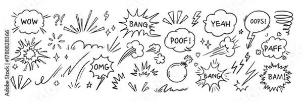 Obraz Doodle explosion. Comic explosive effect. Hand drawn circle burst, dynamic shape, energy cloud, boom bomb explosion, bang power. Comic book sticker with text. Vector set