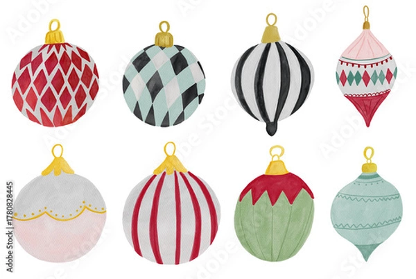 Obraz Watercolor set of Circus theme Christmas Baubles in decorative stripes and harlequin pattern. Red, green, cream festive ornament elements. 