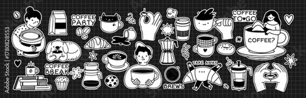 Fototapeta Coffee doodle. Hand draw coffee elements. Outline stickers with drinks, mug, dessert, utensils, people. Funny concept for coffee cafe, shop, restaurant. Vector set