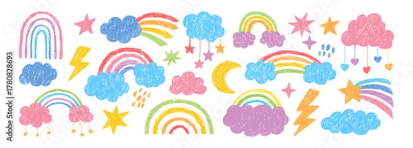 Obraz Doodle rainbow. Naive sketch color arc. Hand drawn kids pencil colored rainbow, stars, clouds, rain, hearts, tail. Sketch crayon childish arc shapes. Kid vector set