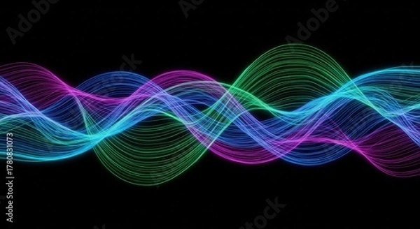 Fototapeta Multiple colorful glowing sine waves undulate across a dark background