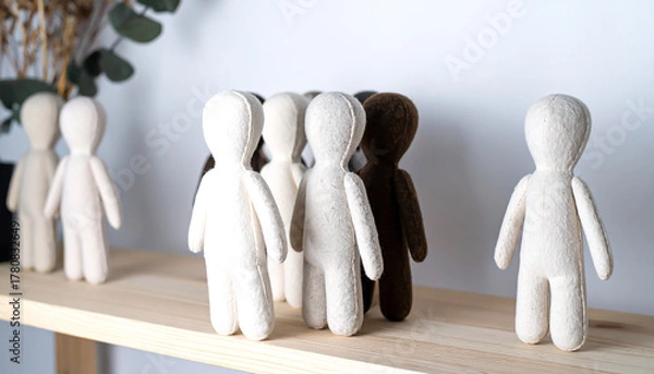 Obraz Faceless Wool Dolls Grouped on Shelf with Neutral Tones for Editorial Use