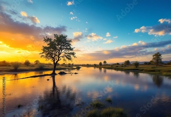 Fototapeta Sunset Reflection over Tranquil Lake with Lone Tree