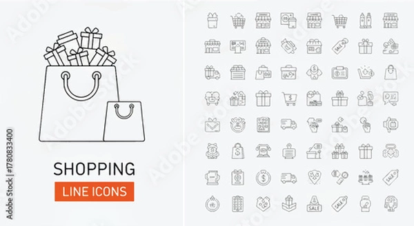 Obraz Shopping bag with gifts a set of minimalist line icons for e-commerce vector illustration isolated o