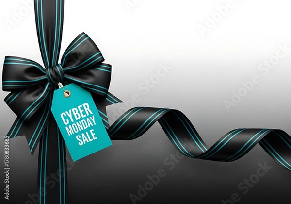 Obraz Cyber monday sale design template. Decorative black bow with blue price tag and long ribbon. Cyber Monday / Black Friday sale