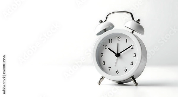 Fototapeta White alarm clock on white background showing the time, perfect for a concept of time