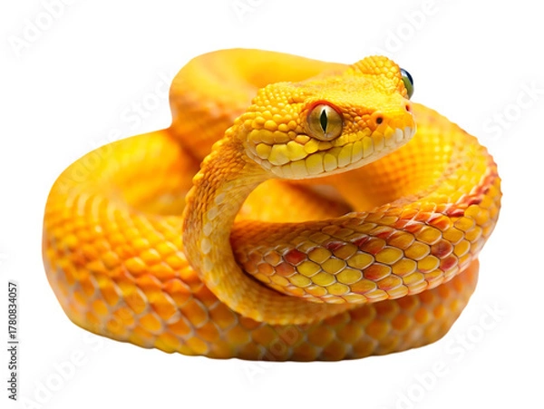 Obraz A coiled bright yellow viper snake with intricate scales and piercing eyes, isolated on a clean transparent background, showcasing its vibrant coloration and reptilian features in a studio shot