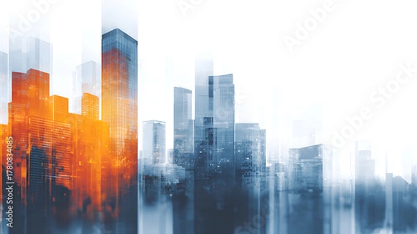 Obraz Modern Abstract City Skyline with Orange and Blue Light