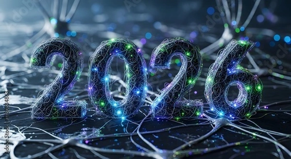 Fototapeta Futuristic digital year 2026 composed of intricate illuminated neural network wires and glowing data connections, symbolizing progress.