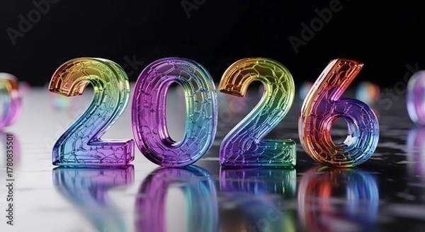 Fototapeta Vibrant 2026 numbers in iridescent textured glass, reflecting colorful light on a sleek surface, symbolizing future, growth, and digital innovation.