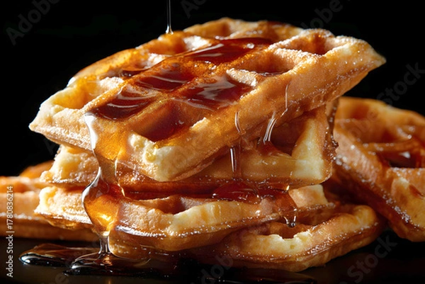 Fototapeta A delicious stack of golden-brown waffles is drenched in thick, flowing maple syrup, illuminated dramatically against a dark background