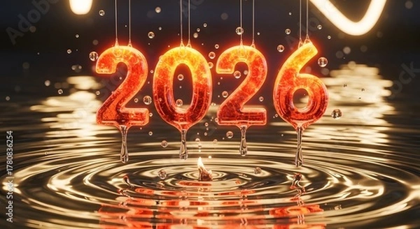 Fototapeta Glowing 2026 numbers dripping fire into reflective water, a solitary flame marking new beginnings and upcoming year celebrations.