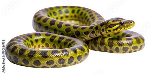 Fototapeta Green anaconda coiled on a transparent background, showcasing its distinctive pattern of dark, circular spots on a vibrant green body, isolated on transparent background
