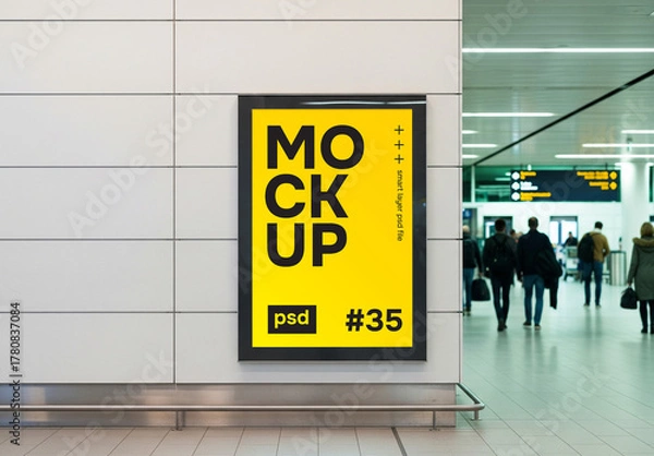 Fototapeta Wall poster mockup in public place like airport or station