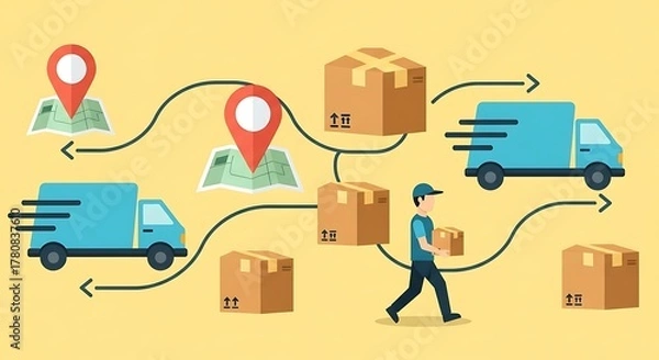 Fototapeta A functional seamless pattern depicting key delivery and logistics elements like trucks, packages, and drones, rendered in a crisp Flat Design style. Excellent for shipping companies or e-commerce del