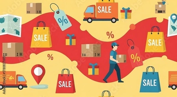 Obraz This energetic seamless pattern features sale and discount elements like percentage signs and price tags, all in a compelling Flat Design. Perfect for promotional materials or seasonal sales events.