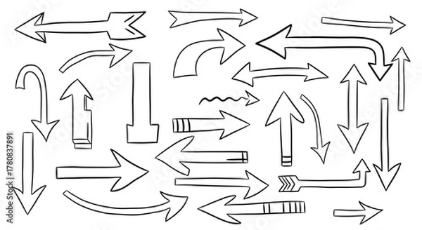 Fototapeta Collection of hand drawn arrows in various styles and directions on a white background