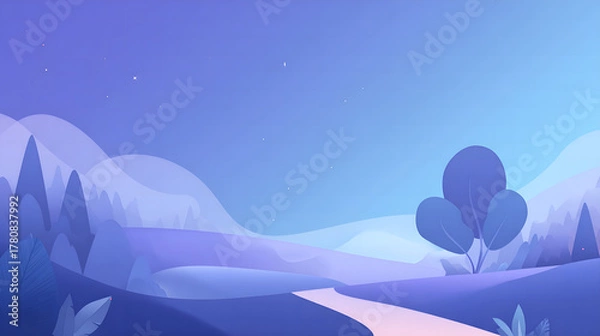 Obraz Minimalist blue landscape with hills and trees in soft gradient style