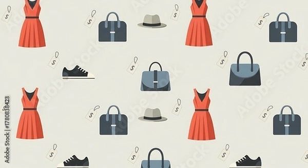 Fototapeta A stylish seamless pattern showcasing popular fashion retail items such as dresses, sneakers, and handbags, rendered in a crisp Flat Design aesthetic. Ideal for fashion blogs, apparel branding