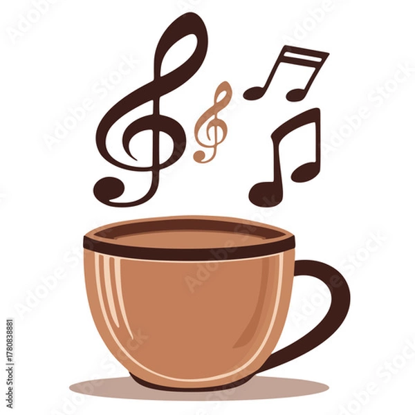 Fototapeta musical coffee cup vector illustration, coffee cup with music notes, creative musical coffee design for lifestyle, café branding, and artistic concepts.