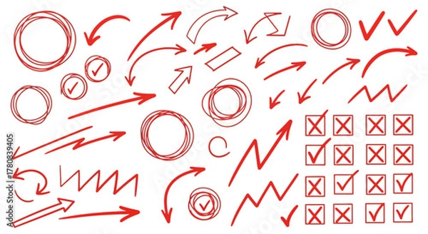 Fototapeta Collection of hand drawn red arrows circles checkmarks and x marks isolated on white background