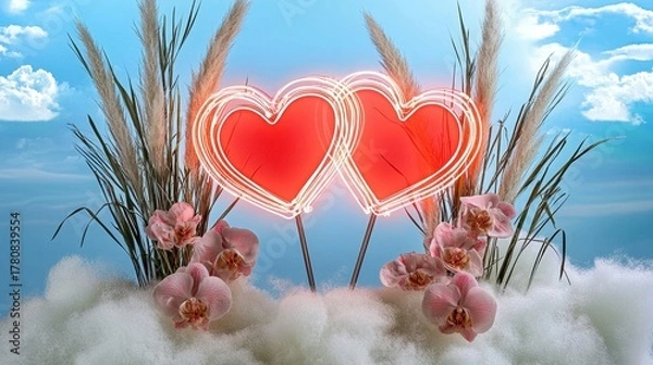 Obraz Romantic Neon Hearts with Flowers and Clouds under Blue Sky