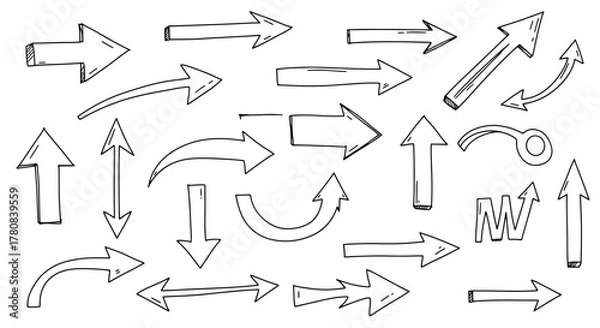 Fototapeta Collection of hand drawn arrows in various styles and directions on white background