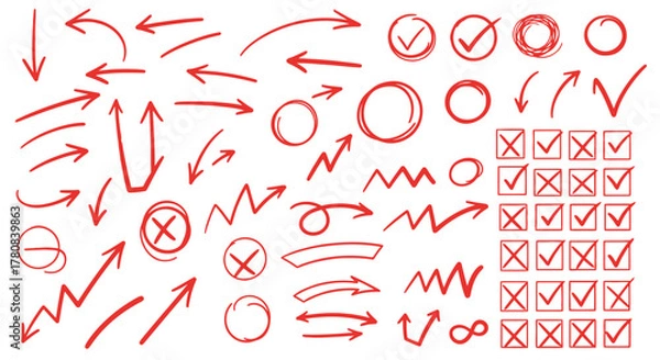 Fototapeta Collection of red hand drawn arrows circles checkmarks and x marks on white background