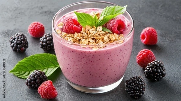 Fototapeta Fresh Berry Smoothie Bowl with Granola and Mint Garnish