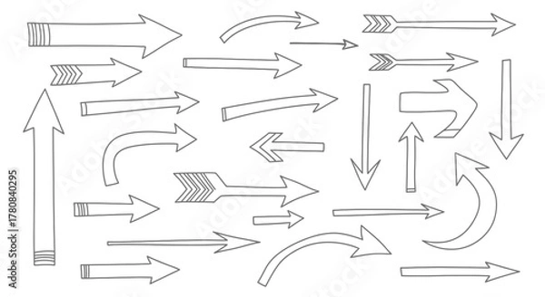 Fototapeta Collection of hand drawn arrow icons and symbols in various styles and directions on white background