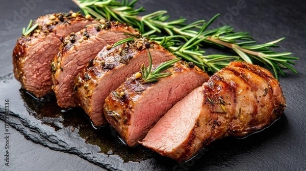 Fototapeta Succulent Sliced Meat with Fresh Herbs on a Dark Slate Plate