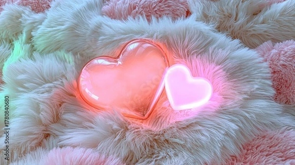 Fototapeta Romantic Neon Hearts on Soft Plush Blanket with Colors and Glow