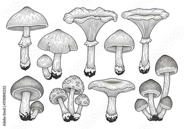 Fototapeta Hand drawn various mushrooms, vintage botanical ink line art set