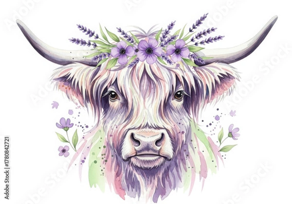 Fototapeta Watercolor highland cow with lavender flower crown, artistic flair