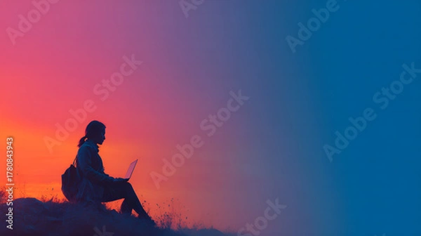 Obraz Traveler using laptop outdoors during colorful sunset sky
