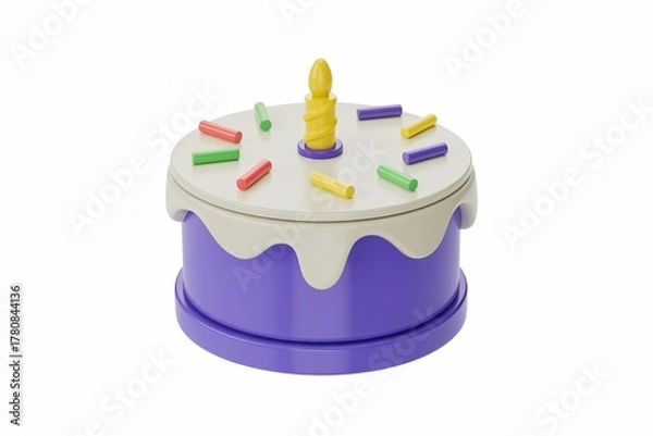 Fototapeta Isolated purple birthday cake with candle and sprinkles stock photo image