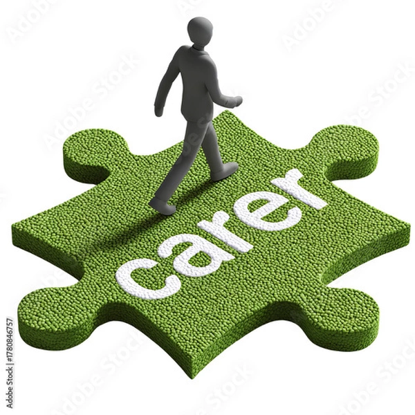 Fototapeta Gray figure walks on green puzzle piece with carer isolated on a transparent background