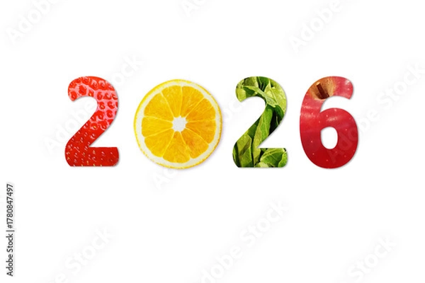 Fototapeta 2026 Happy New Year for healthcare on white background. Fruit and vegetables which make 2026 number. strawberry, orange, apple.