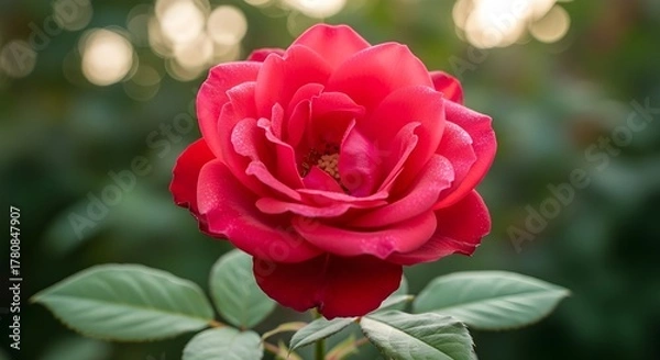 Obraz Closeup of a vibrant red rose in full bloom with green leaves around it