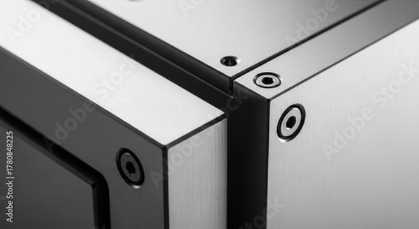 Obraz Close up of metal cube structure with screws in monochrome view