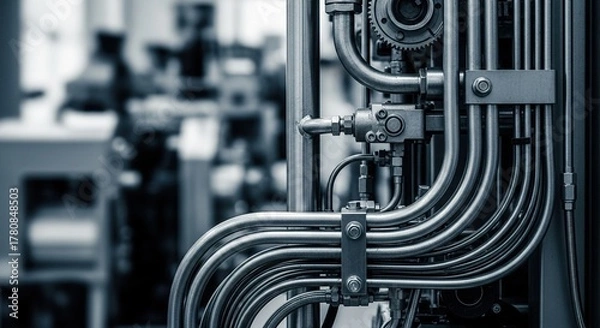 Obraz Close up of industrial pipes and valves in a factory setting view