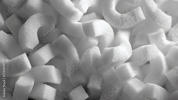 Fototapeta Close-up full frame top-down deep focus shot of numerous white foamy packing peanuts, showcasing their intricate C-shaped texture and a sense of protective cushioning for fragile items