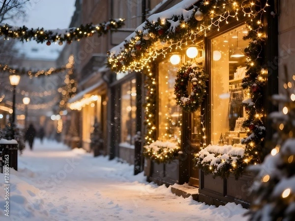 Fototapeta Beautiful snowy street with Christmas decorations and warm glowing shop lights.