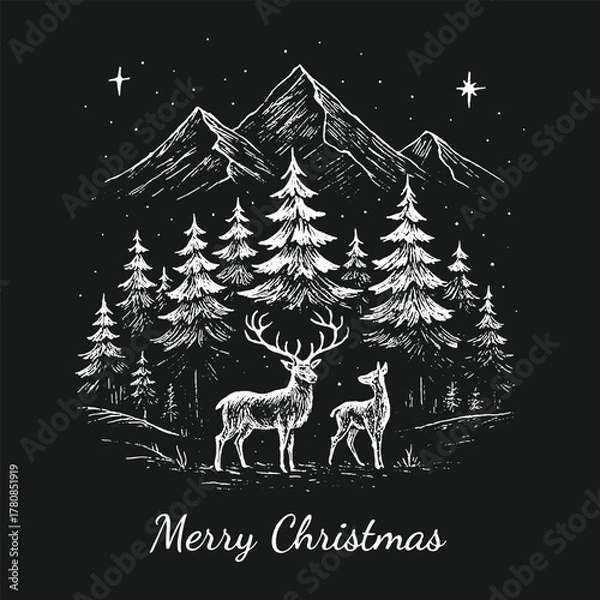 Obraz Charming hand-drawn Christmas forest scene with deer, pine trees, and mountains, perfect for greeting cards or winter prints.